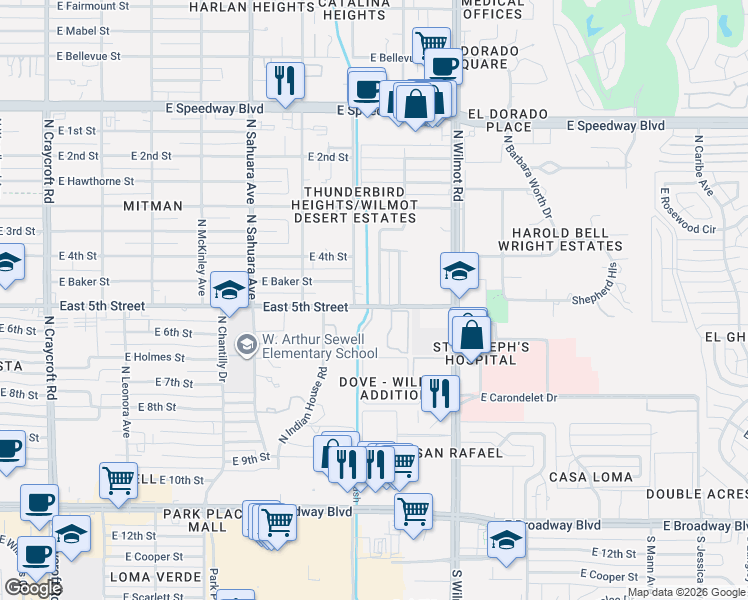 map of restaurants, bars, coffee shops, grocery stores, and more near 601 North Ruston Avenue in Tucson