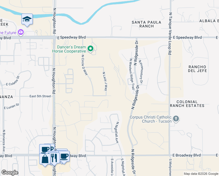 map of restaurants, bars, coffee shops, grocery stores, and more near 660 North Lazy J Way in Tucson