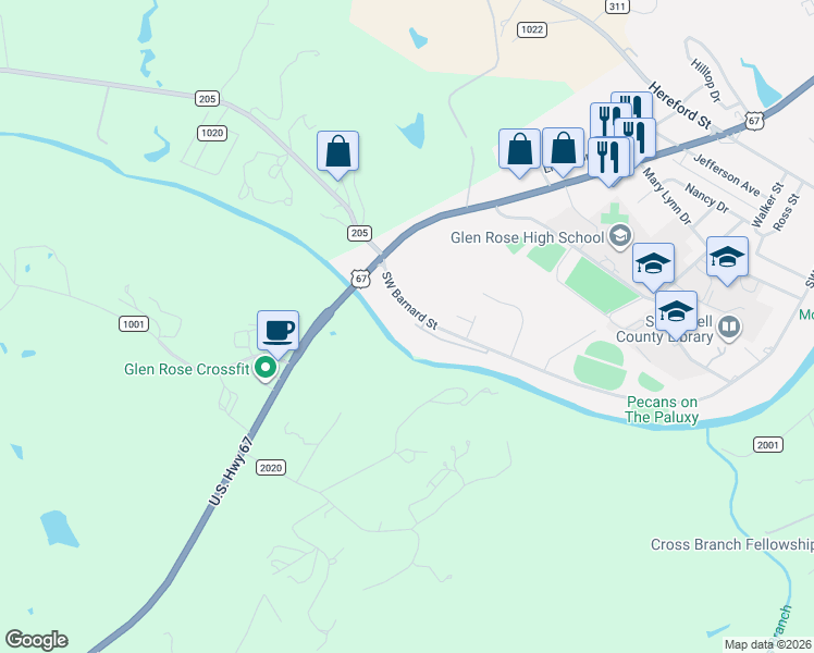 map of restaurants, bars, coffee shops, grocery stores, and more near 1900 Southwest Barnard Street in Glen Rose