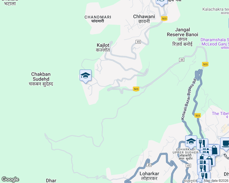 map of restaurants, bars, coffee shops, grocery stores, and more near McLeodganj Road in Dharamsala