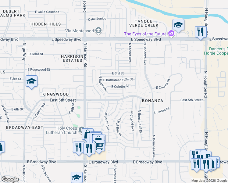 map of restaurants, bars, coffee shops, grocery stores, and more near 9657 East Baker Street in Tucson
