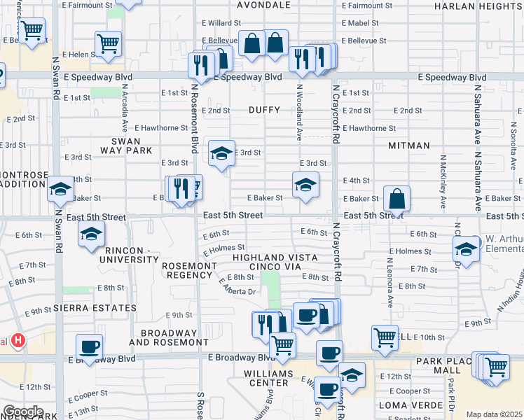 map of restaurants, bars, coffee shops, grocery stores, and more near 5275 East 5th Street in Tucson