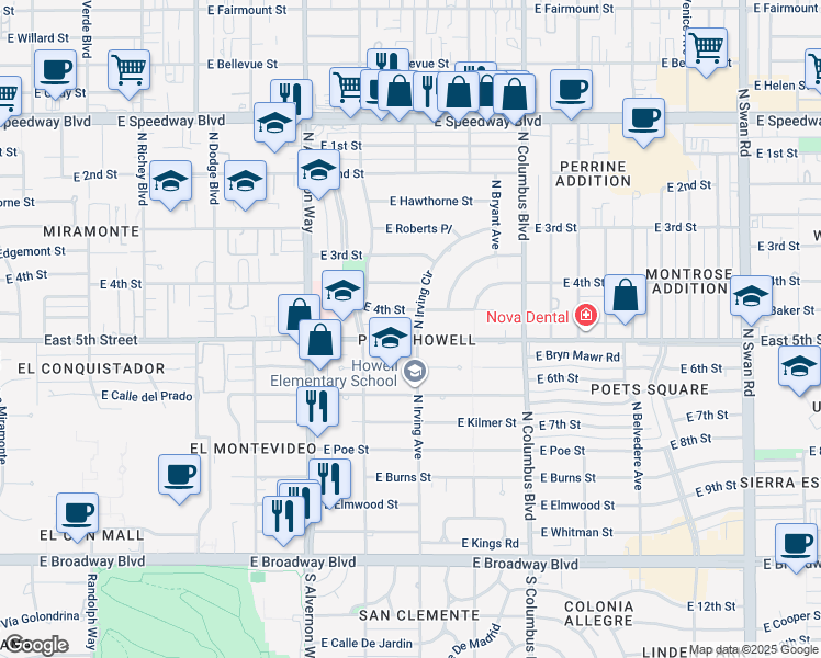 map of restaurants, bars, coffee shops, grocery stores, and more near 4055 East 5th Street in Tucson