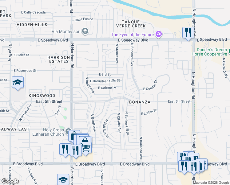 map of restaurants, bars, coffee shops, grocery stores, and more near 651 North Colette Circle in Tucson
