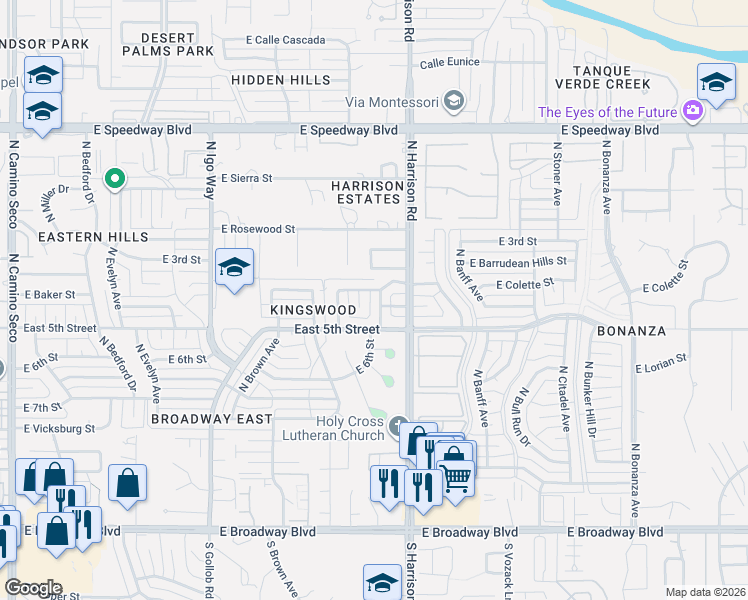 map of restaurants, bars, coffee shops, grocery stores, and more near 624 North Jasmine Place in Tucson
