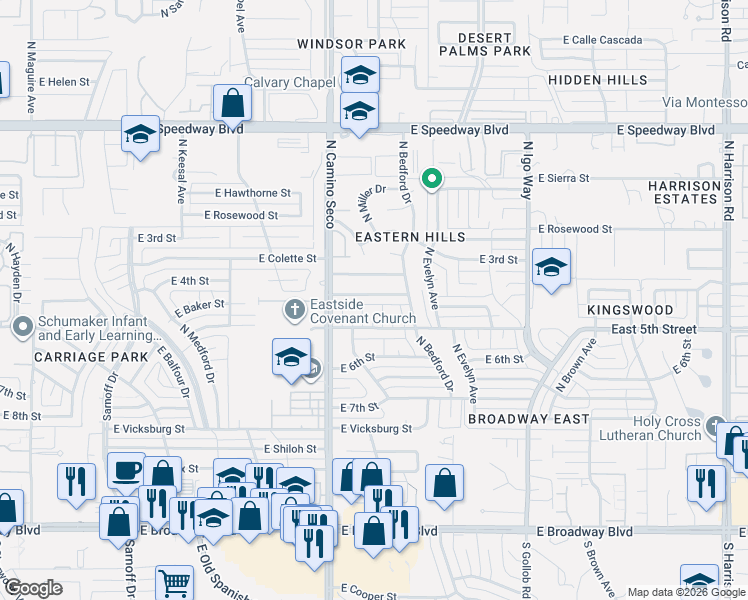 map of restaurants, bars, coffee shops, grocery stores, and more near 617 North Judy Place in Tucson