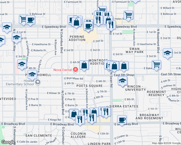 map of restaurants, bars, coffee shops, grocery stores, and more near 4501 East 5th Street in Tucson