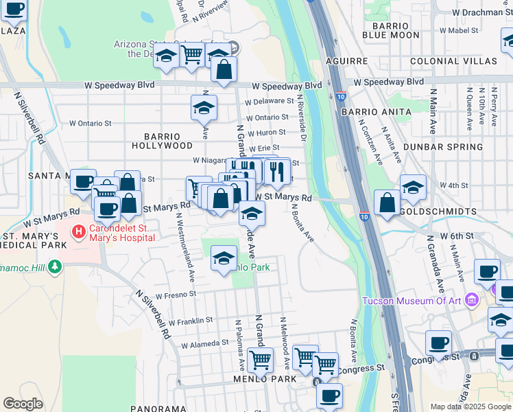 map of restaurants, bars, coffee shops, grocery stores, and more near in Tucson