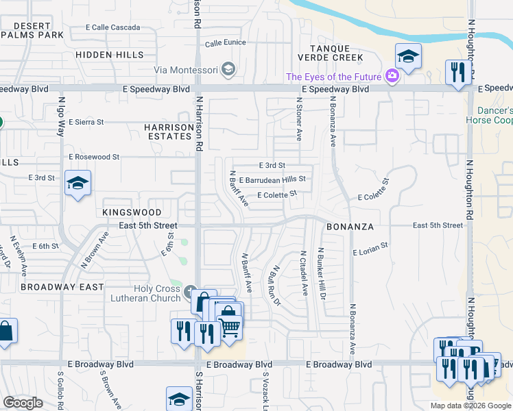map of restaurants, bars, coffee shops, grocery stores, and more near 9657 East Baker Street in Tucson