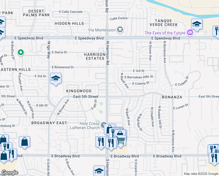 map of restaurants, bars, coffee shops, grocery stores, and more near 9440 East Baker Street in Tucson