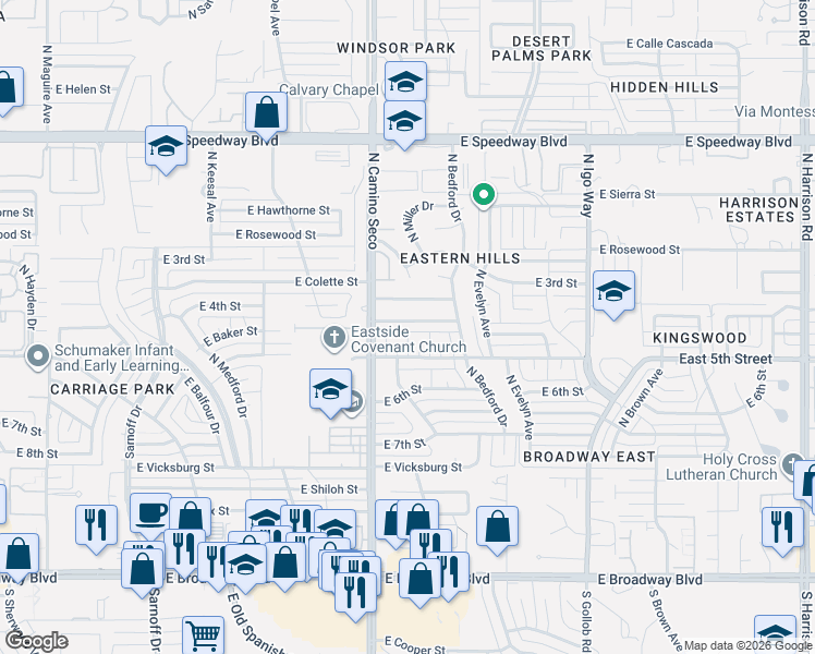 map of restaurants, bars, coffee shops, grocery stores, and more near 617 North Judy Place in Tucson