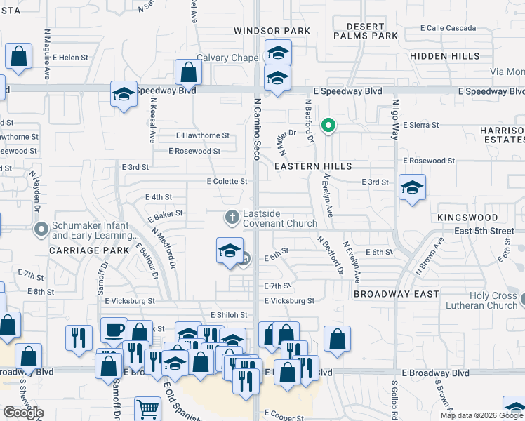 map of restaurants, bars, coffee shops, grocery stores, and more near 618 North Camino Seco in Tucson
