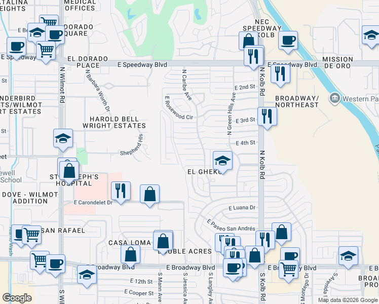 map of restaurants, bars, coffee shops, grocery stores, and more near 6811 East Baker Street in Tucson