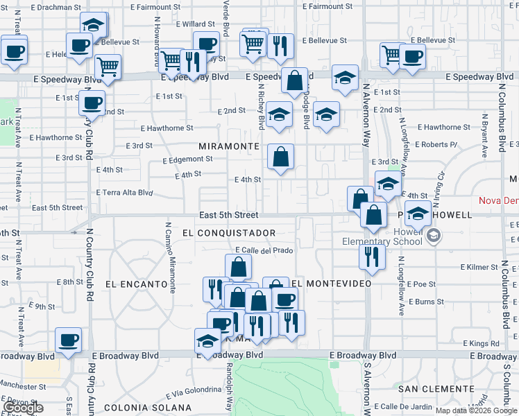 map of restaurants, bars, coffee shops, grocery stores, and more near 601 North Richey Boulevard in Tucson