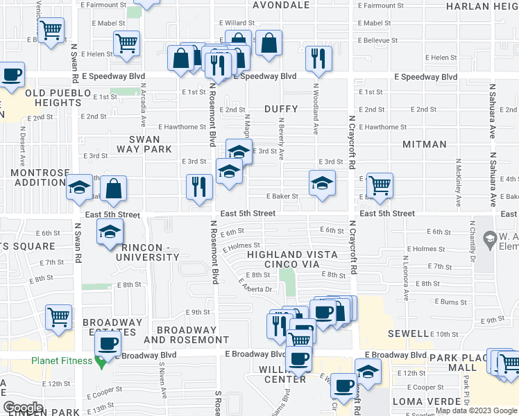 map of restaurants, bars, coffee shops, grocery stores, and more near 5225 East 5th Street in Tucson