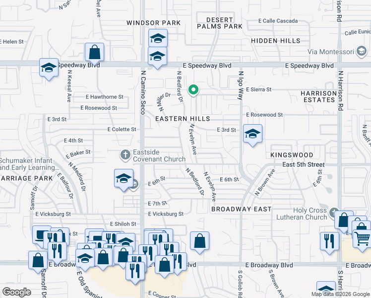 map of restaurants, bars, coffee shops, grocery stores, and more near 625 North Bedford Drive in Tucson