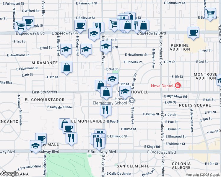 map of restaurants, bars, coffee shops, grocery stores, and more near 3925 East 5th Street in Tucson