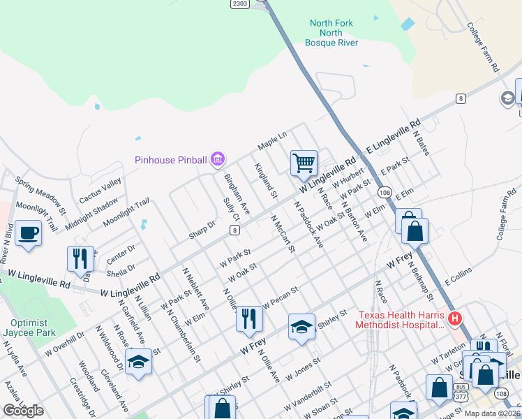 map of restaurants, bars, coffee shops, grocery stores, and more near 1702 Bingham Avenue in Stephenville