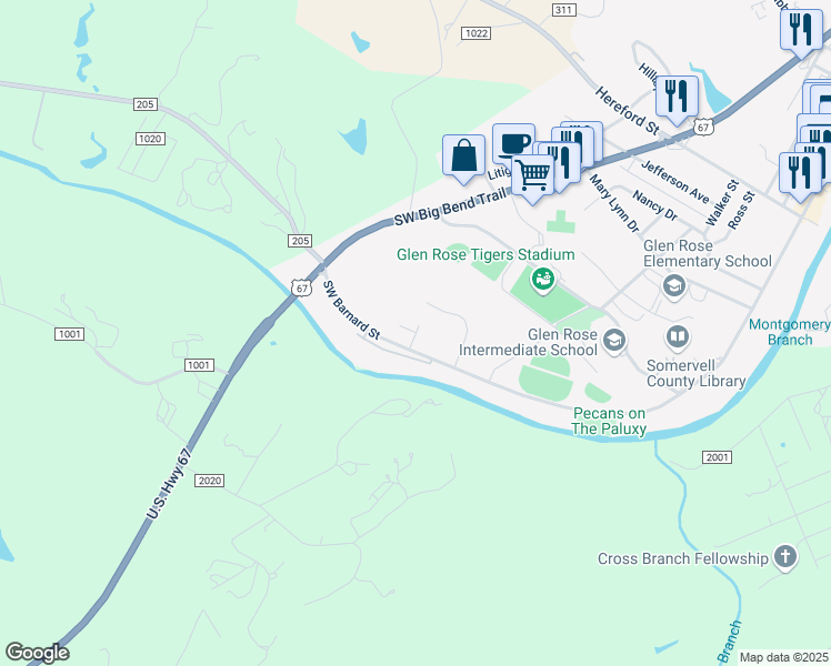 map of restaurants, bars, coffee shops, grocery stores, and more near 105 Skyler Court in Glen Rose