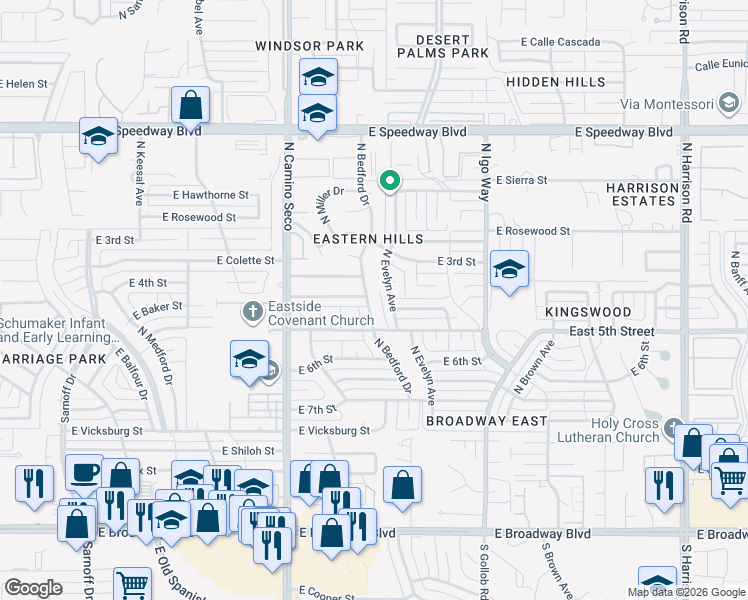 map of restaurants, bars, coffee shops, grocery stores, and more near 625 North Bedford Drive in Tucson