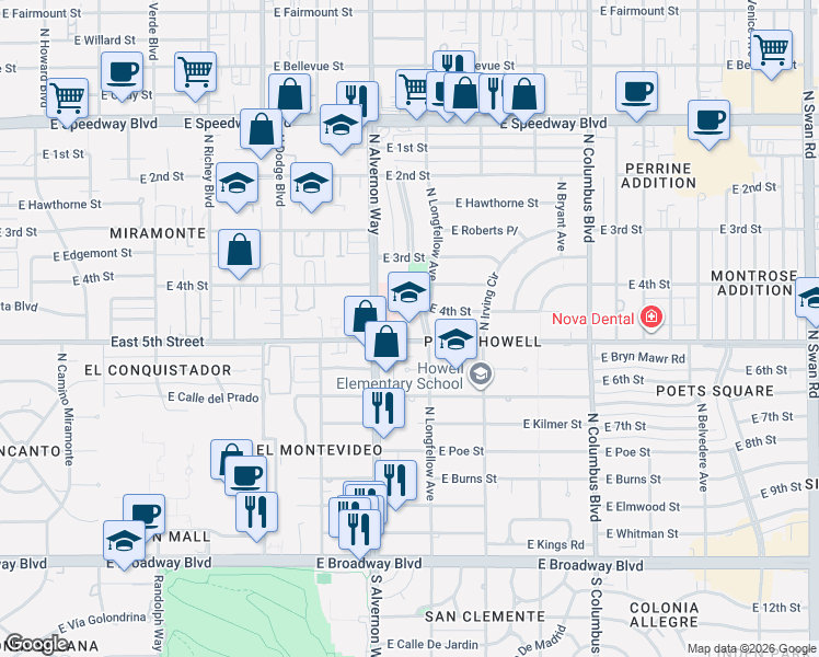 map of restaurants, bars, coffee shops, grocery stores, and more near 3925 East 5th Street in Tucson