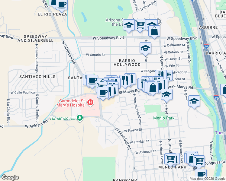 map of restaurants, bars, coffee shops, grocery stores, and more near 1470 West Saint Marys Road in Tucson