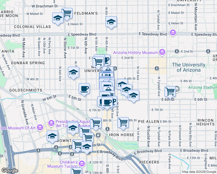 map of restaurants, bars, coffee shops, grocery stores, and more near 606 North 4th Avenue in Tucson