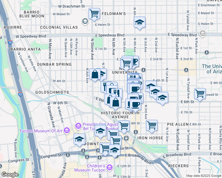 map of restaurants, bars, coffee shops, grocery stores, and more near 607 North 6th Avenue in Tucson