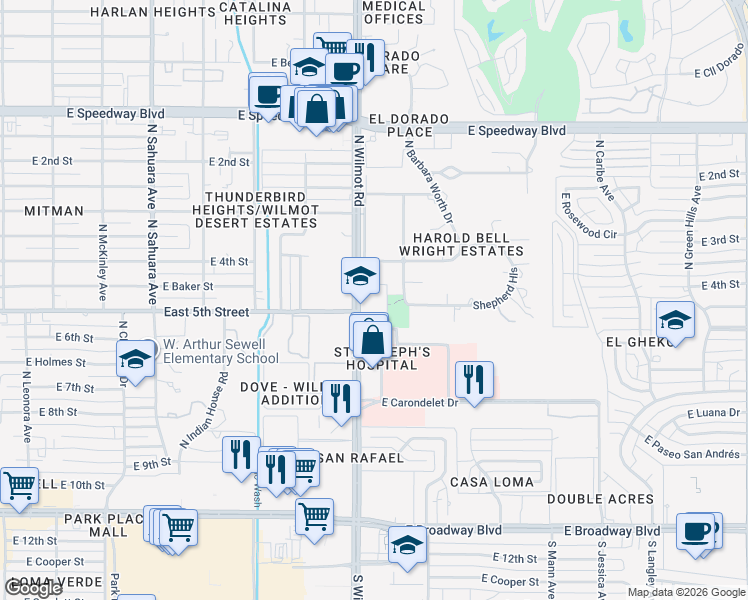 map of restaurants, bars, coffee shops, grocery stores, and more near 602 North Wilmot Road in Tucson