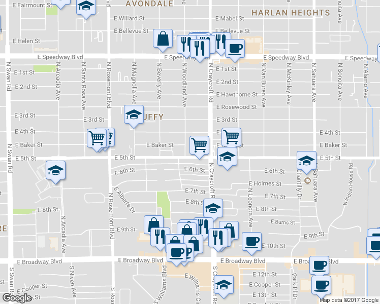 map of restaurants, bars, coffee shops, grocery stores, and more near in Tucson