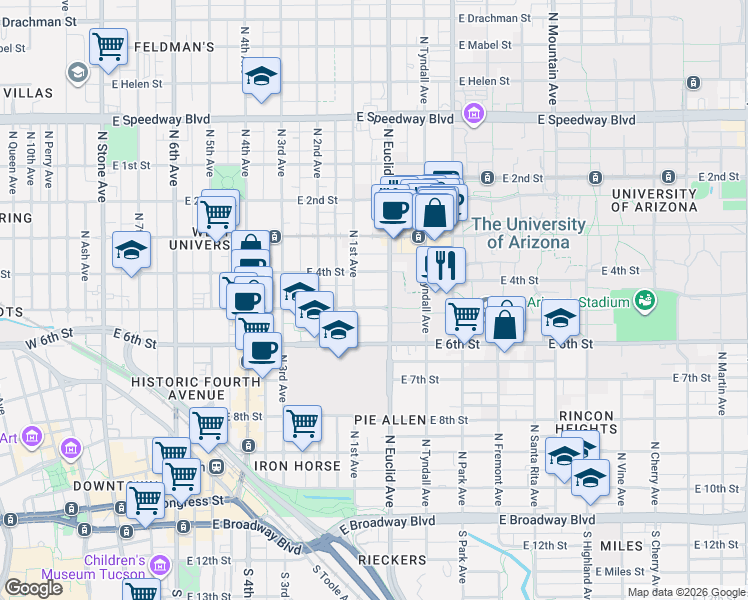 map of restaurants, bars, coffee shops, grocery stores, and more near 725 East 5th Street in Tucson