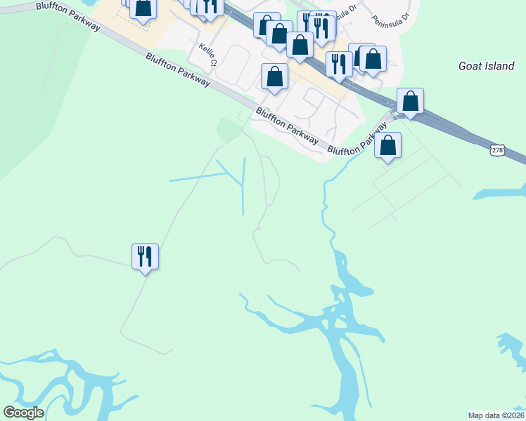 map of restaurants, bars, coffee shops, grocery stores, and more near 66 South Pointe Trace in Bluffton