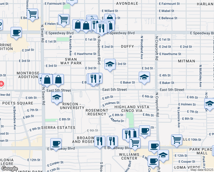 map of restaurants, bars, coffee shops, grocery stores, and more near 5145 East 5th Street in Tucson