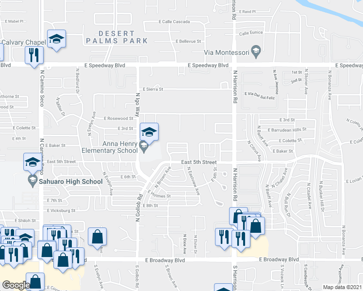 map of restaurants, bars, coffee shops, grocery stores, and more near 9241 East Baker Street in Tucson