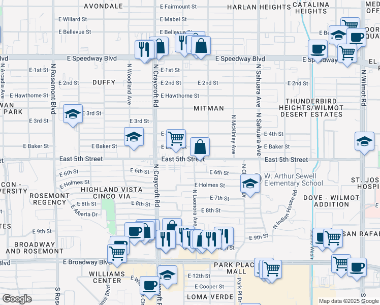 map of restaurants, bars, coffee shops, grocery stores, and more near 5623 East 5th Street in Tucson