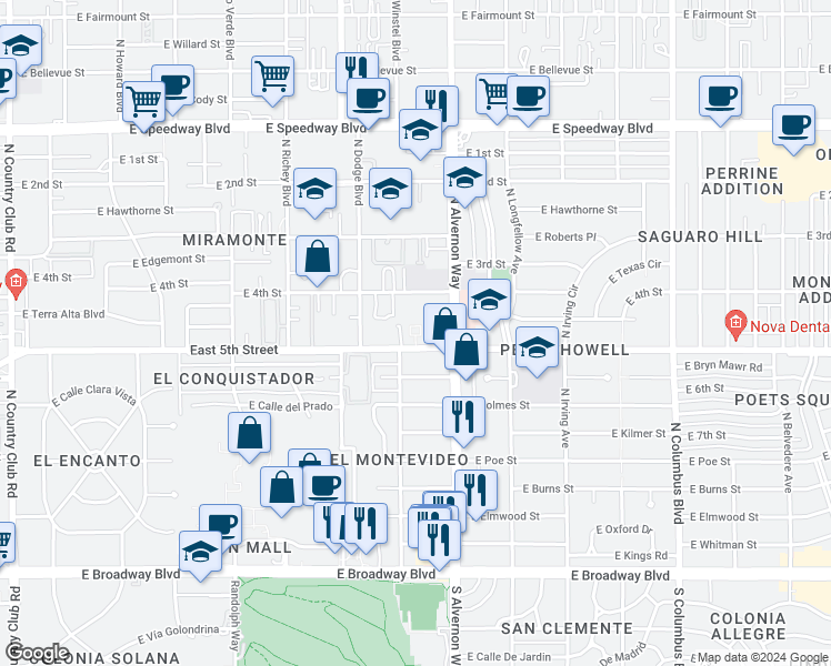 map of restaurants, bars, coffee shops, grocery stores, and more near 3805 East 5th Street in Tucson