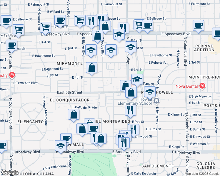 map of restaurants, bars, coffee shops, grocery stores, and more near 3805 East 5th Street in Tucson