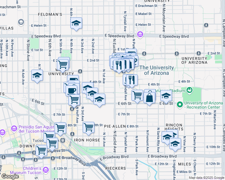 map of restaurants, bars, coffee shops, grocery stores, and more near in Tucson