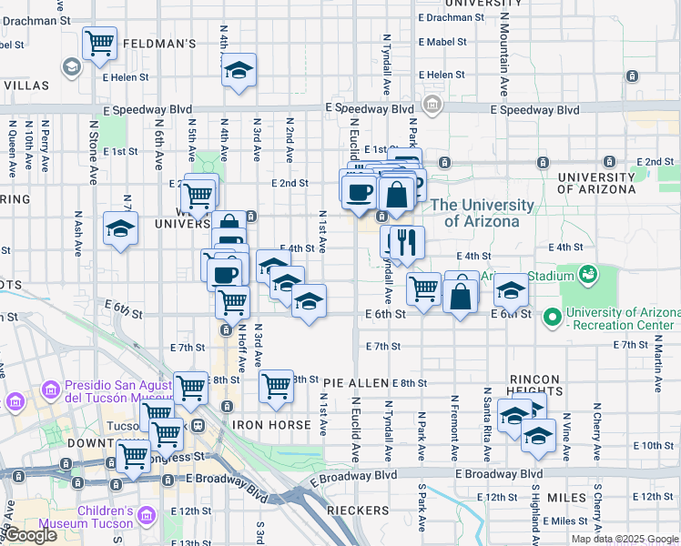 map of restaurants, bars, coffee shops, grocery stores, and more near in Tucson