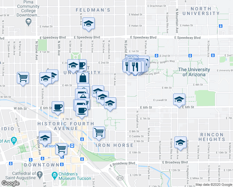 map of restaurants, bars, coffee shops, grocery stores, and more near 702 East 5th Street in Tucson