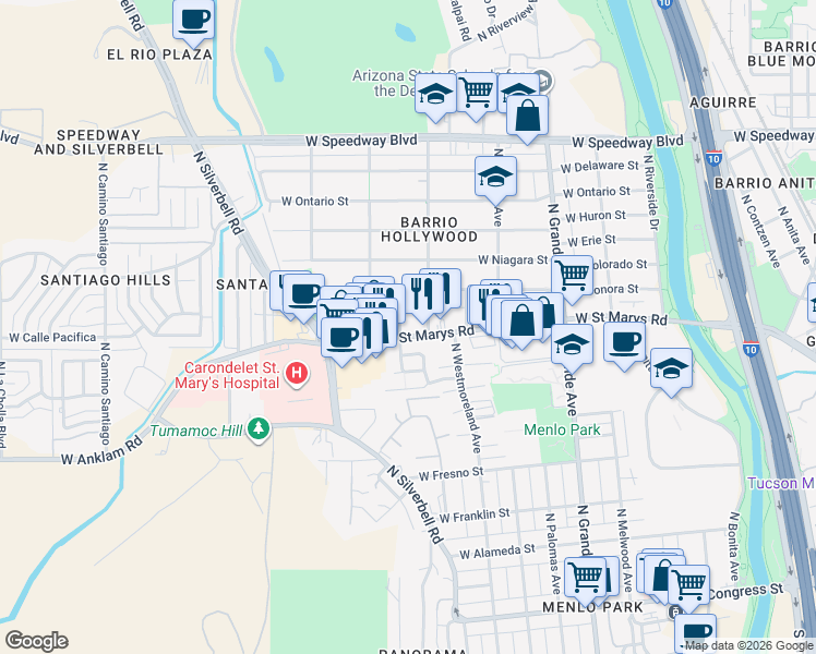 map of restaurants, bars, coffee shops, grocery stores, and more near 1435 West Saint Marys Road in Tucson