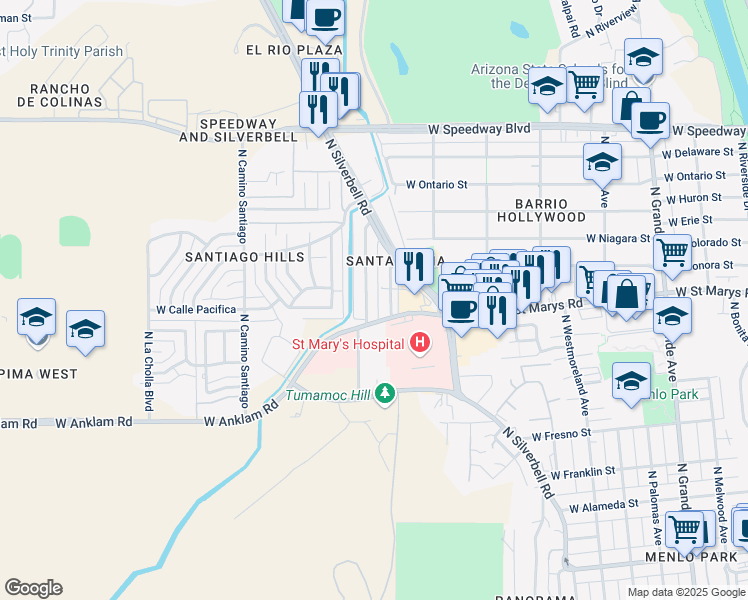 map of restaurants, bars, coffee shops, grocery stores, and more near 505 North San Jose Avenue in Tucson