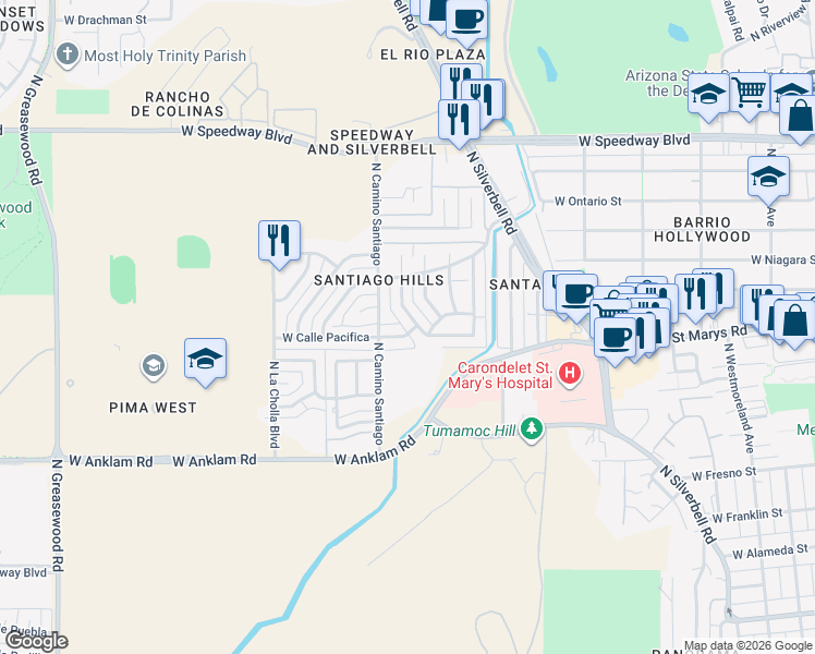 map of restaurants, bars, coffee shops, grocery stores, and more near 1825 West Calle Tranquila in Tucson