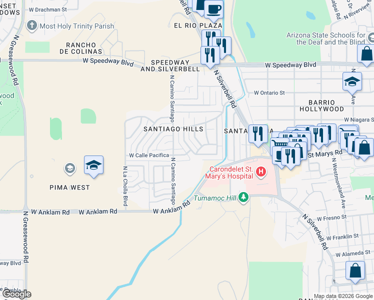 map of restaurants, bars, coffee shops, grocery stores, and more near 1825 West Calle Tranquila in Tucson