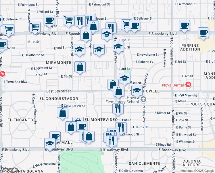map of restaurants, bars, coffee shops, grocery stores, and more near 3805 East 5th Street in Tucson