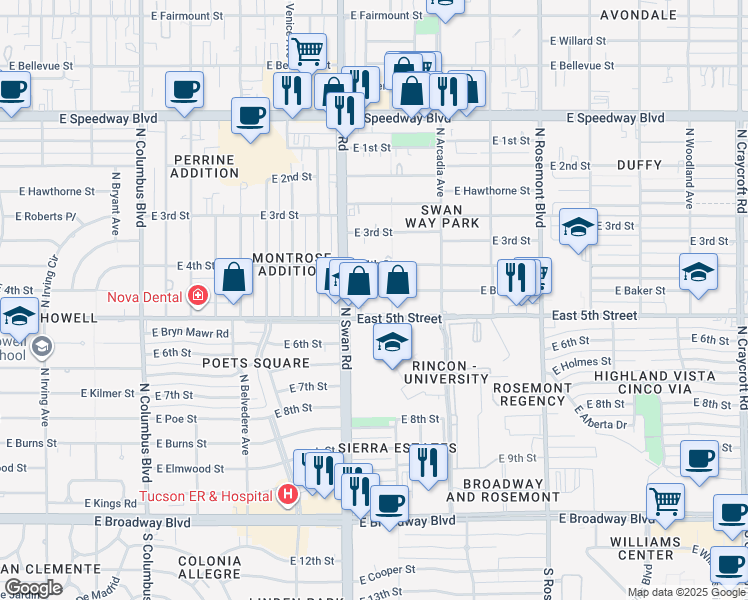 map of restaurants, bars, coffee shops, grocery stores, and more near 4761 East 5th Street in Tucson
