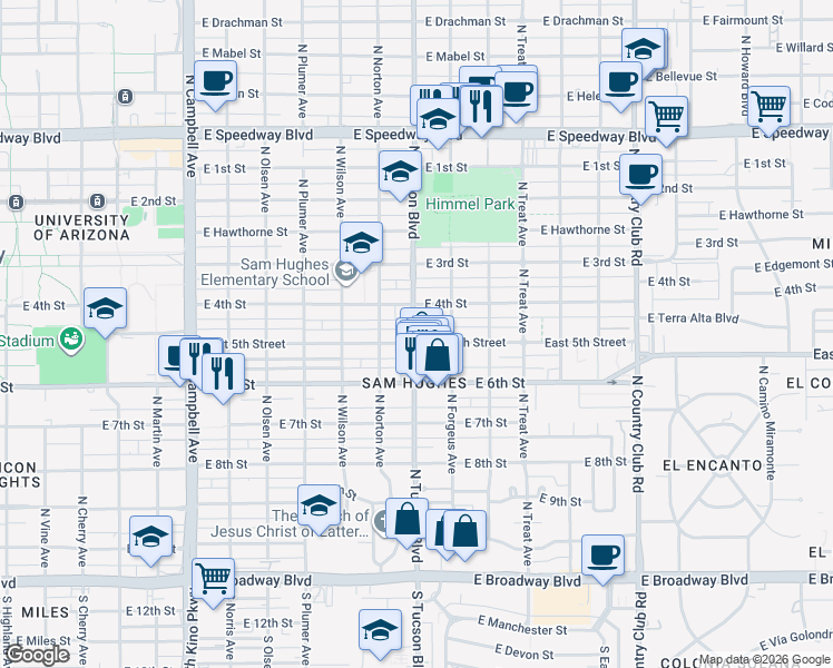 map of restaurants, bars, coffee shops, grocery stores, and more near 2444 East 5th Street in Tucson