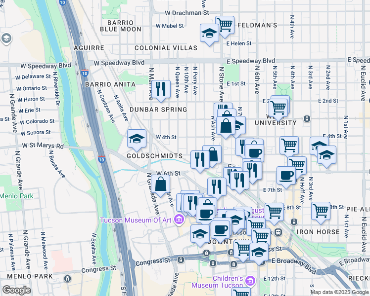 map of restaurants, bars, coffee shops, grocery stores, and more near 134 West 5th Street in Tucson