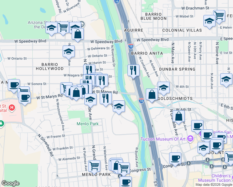 map of restaurants, bars, coffee shops, grocery stores, and more near 1001 West Saint Marys Road in Tucson