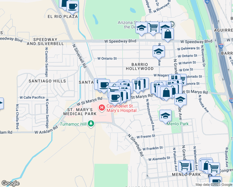 map of restaurants, bars, coffee shops, grocery stores, and more near 1552 West Saint Marys Road in Tucson